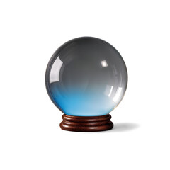 A crystal ball with a gradient blue tint sits on a wooden base, reflecting light and casting a soft shadow on a white background.