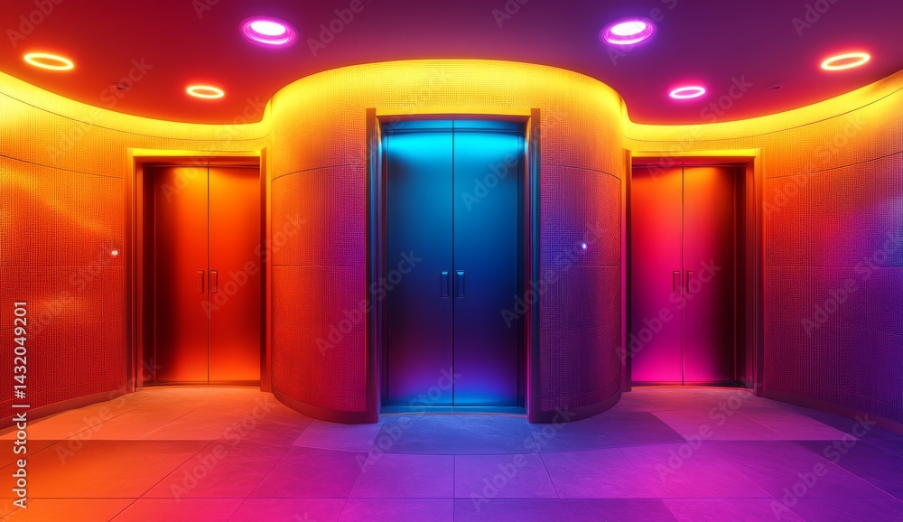 Poster a sci-fi setting from the future with neon illumination and dynamic patterns of motion in tunnels th