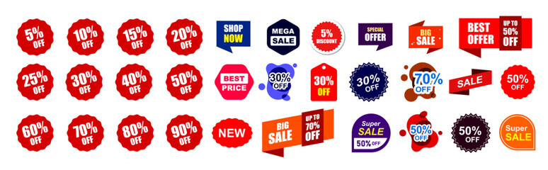 Sale sticker icons featuring discount percentages (5%-90%), shop now, big sale, mega sale, new, special offer etc. eps sticker set 