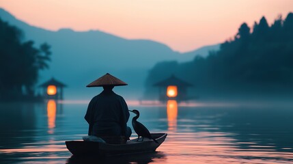 Traditional japanese fisherman balancing with cormorant at sunrise serene lake gigapixel quality tranquil environment