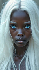 Black woman albino. Black woman with white hair white eyebrows and blue eyes. Multi-ethnic woman closeup. Beautiful Young Black Woman. Generate AI.