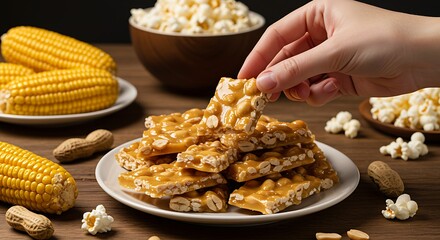 Close-up of a hand taking a piece of peanut brittle from a plate full of the treat, on a table with corn cake, popcorn and peanuts