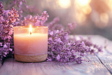A lit lavender scented candle sits on a wooden surface surrounded by fresh lavender flowers, creating a serene and calming atmosphere.