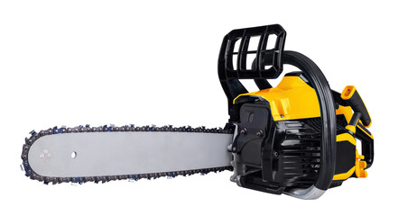 yellow black modern petrol engine chainsaw isolated white background. garden and forest working...
