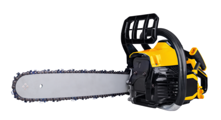 yellow black modern petrol engine chainsaw isolated white background. garden and forest working concept