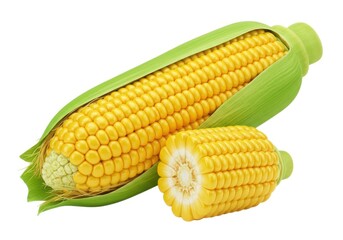 Fresh sweet corn on the cob kernels yellow closeup isolated on white background