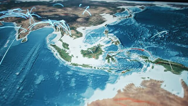Interactive Digital World Map Displaying Global Connections and Air Traffic Routes Southeast Asia Focus
