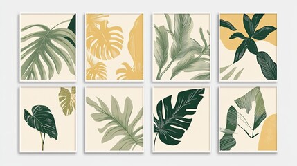 High resulation image of set of 6 prints featuring abstract tropical plants in green, beige, and yellow tones, with a boho decor style and botanical elements like monstera leaves.