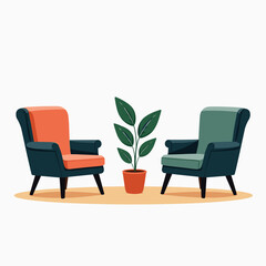 Fototapeta premium modern chairs conversation set, green and orange, plant pot indoor decor