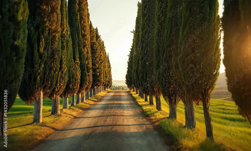 Poster tree-lined pathway with tall trees on sunny day