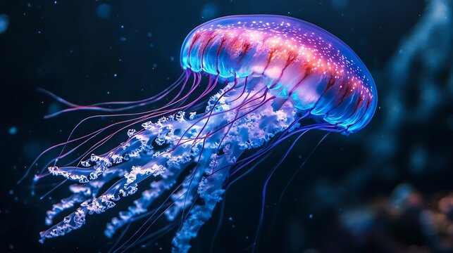 Mesmerizing bioluminescent jellyfish drifting in the deep ocean its neon blue and purple glow illuminating the dark water