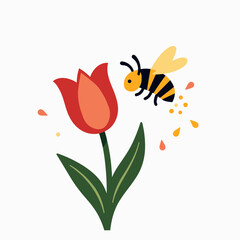 colorful bee pollinating vibrant red tulip