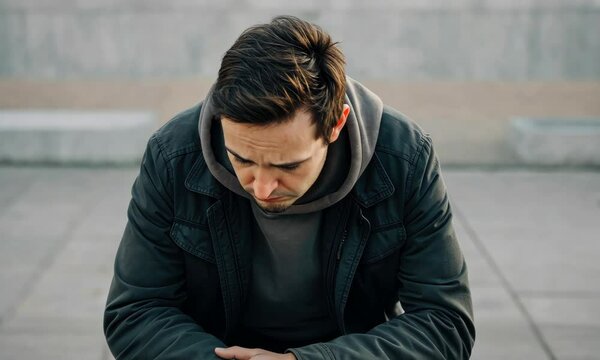 Sad Caucasian male sitting on steps, looking down