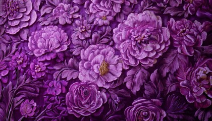 luxurious purple floral wallpaper with intricate patterns of roses and peonies