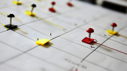 A close up of a white board with lines and push pins of different colors marking locations on it