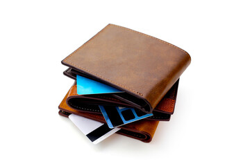 Black wallet with credit card on white background.