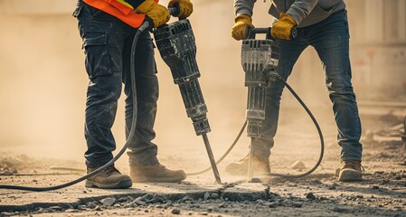 construction workers with drill A detailed close-up of a two construction workers using a pneumatic hammer to bore holes. Industrial construction style.
