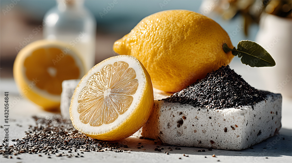 Poster fresh lemon with slices and black seeds on a rustic background
