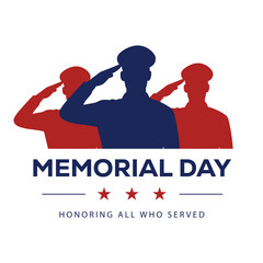 Patriotic Memorial Day vector illustration with three saluting soldier silhouettes (navy, red) above bold "MEMORIAL DAY" text and stars. Clean, solemn design in red, white, navy—honoring military