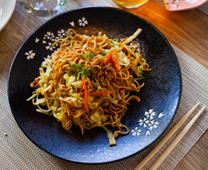 Traditional Japanese stir-fried noodles with vegetables, Yakisoba