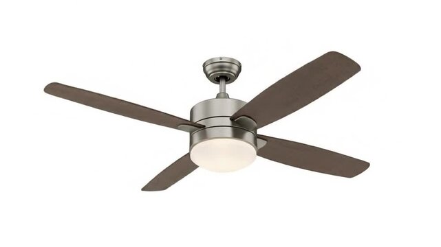 Four-blade ceiling fan with brushed metal finish and frosted glass light fixture, isolated.