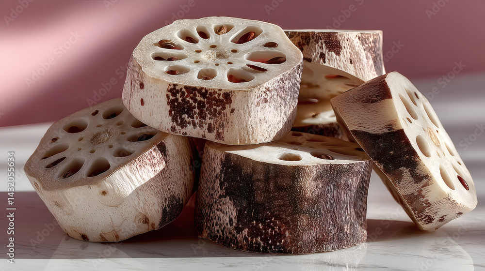 Poster fresh lotus root slices on marble surface with soft light and shadows