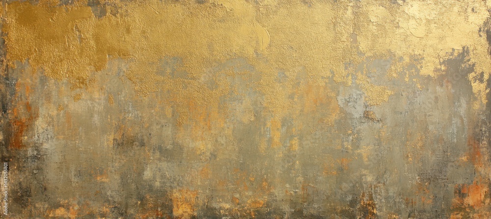Poster close-up of aged gold leaf texture with visible brush strokes and subtle variations, elegant decorat
