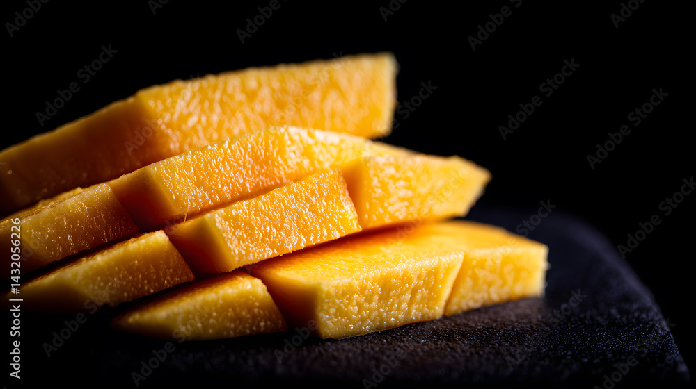 Poster fresh mango slices on black slate background in low light setting