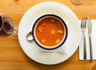 Tasty homemade stew of beans with lamb meat. Traditional Spanish cuisine..