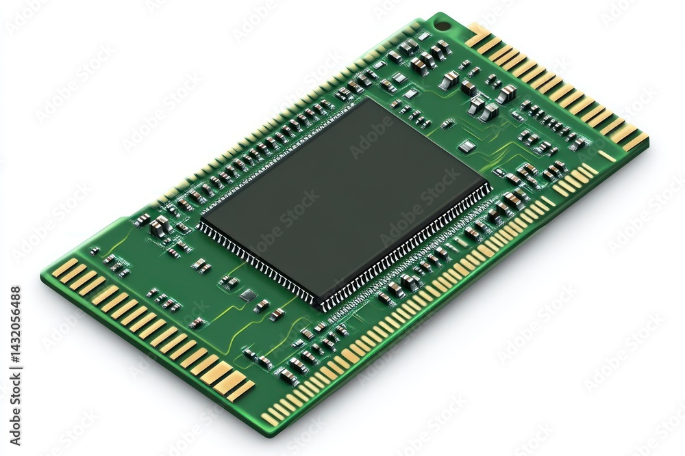 Poster microcontroller circuit board with integrated chip and gold contacts for electronics projects