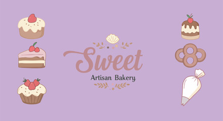 Charming logo for a bakery with pastel colors, cake and piping bag icons, and a cursive font. Sweet and cozy, perfect for packaging and social media. White background.

