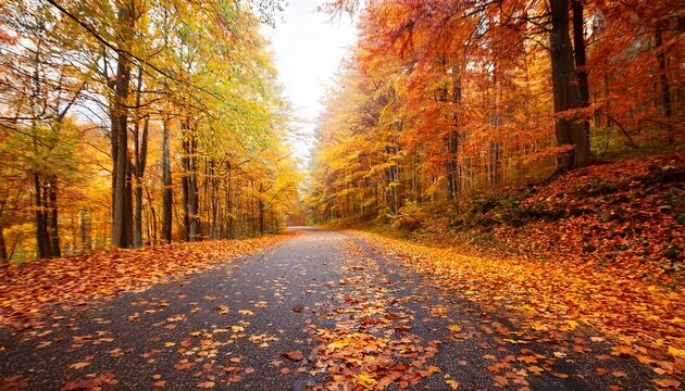 autumn forest road with leaves on pathway - Powered by Adobe