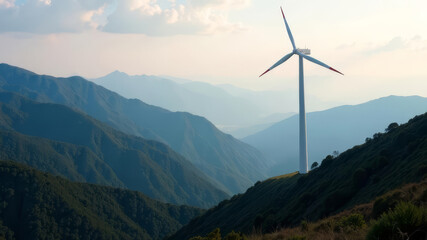 picturesque view of Wind Turbines in the mountains, copy space, ecology concept
