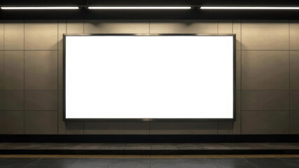 empty white rectangular billboard, layout, in the subway on the wall, for advertising, warm light, copy space
