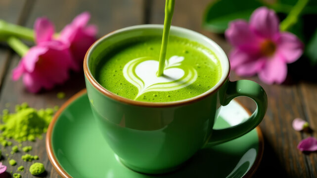 A close-up of a matcha latte being poured into a colorful cup, capturing the rich green color and creamy texture