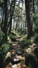 Obraz premium A winding stone path leads through a tranquil forest of tall pine trees with sunlight streaming through the canopy creating a serene and inviting atmosphere.