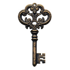 Antique bronze key, adorned with intricate symbols and patterns, representing hidden treasures, isolated on white background.