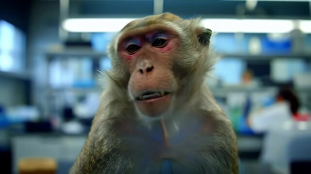 Distressed Monkey Undergoing Cosmetic Animal Testing In Laboratory With Tears Expression Symbolizing Animal Cruelty In The Pursuit Of Beauty