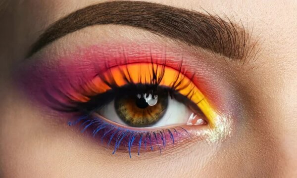 Close-up of female eye with vibrant, multicolored makeup
