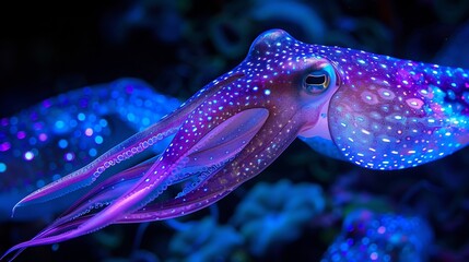 Mesmerizing bioluminescent squid glowing in the deep ocean vibrant blue and purple lights pulsating across its body ultra HD underwater wildlife photography
