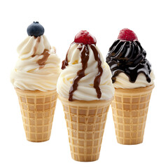 Trzy kremowe lody z owocami i polewami na przezroczystym tle