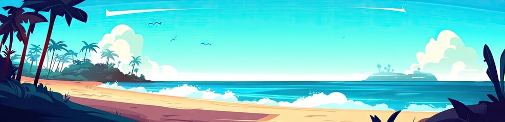 A vibrant tropical beach scene with palm trees and waves.