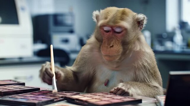 Melancholic Macaque Monkey Applies Cosmetic Eyeshadow in a Lab Setting Displaying Animal Cruelty and Ethical Concerns