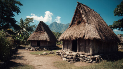 Two traditional thatched-roof houses stand serenely in a village, framed by lush tropical foliage and a majestic mountain backdrop beneath a clear blue sky.