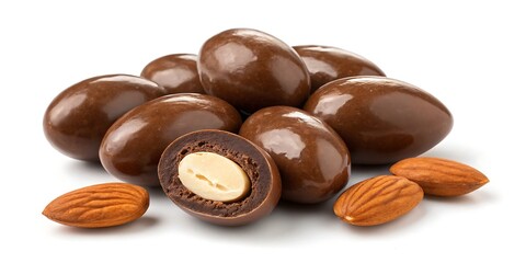 A pile of chocolate covered almonds with a cut almond showing the inside on a white background