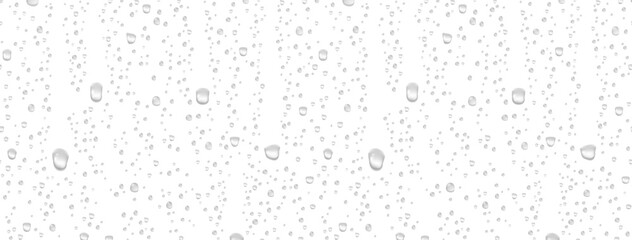 Water rain or shower drops seamless border isolated on white background. Realistic pure droplets condensed texture. Vector clear vapor bubbles on window glass surface