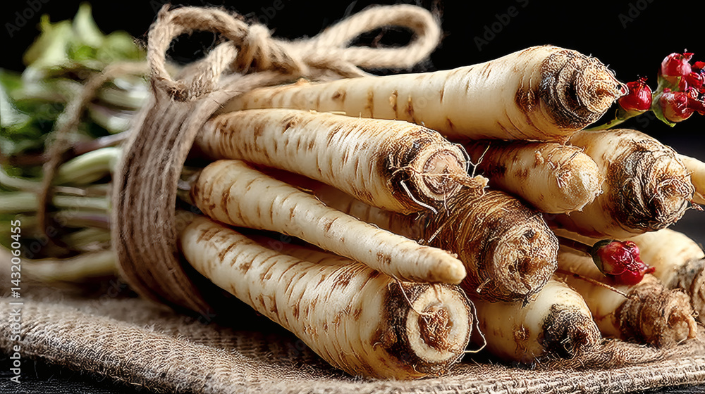 Poster Fresh Parsnips Tied with Twine on Rustic Background for Culinary Use