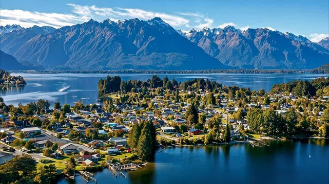 Stunning aerial view of Manapouri town surrounded by mountains and lake in New Zealand, Manapouri town from a drone in New Zealand with mountains in the background