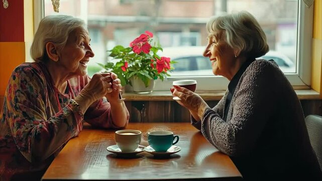 Elderly ladies share meaningful moments over coffee in a cozy cafe setting, Elderly ladies having coffee together Cinematic