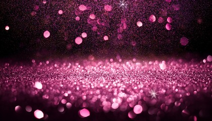 abstract pink defocused glitter holiday panorama background on black falling shiny sparkles new year christmas glowing backdrop